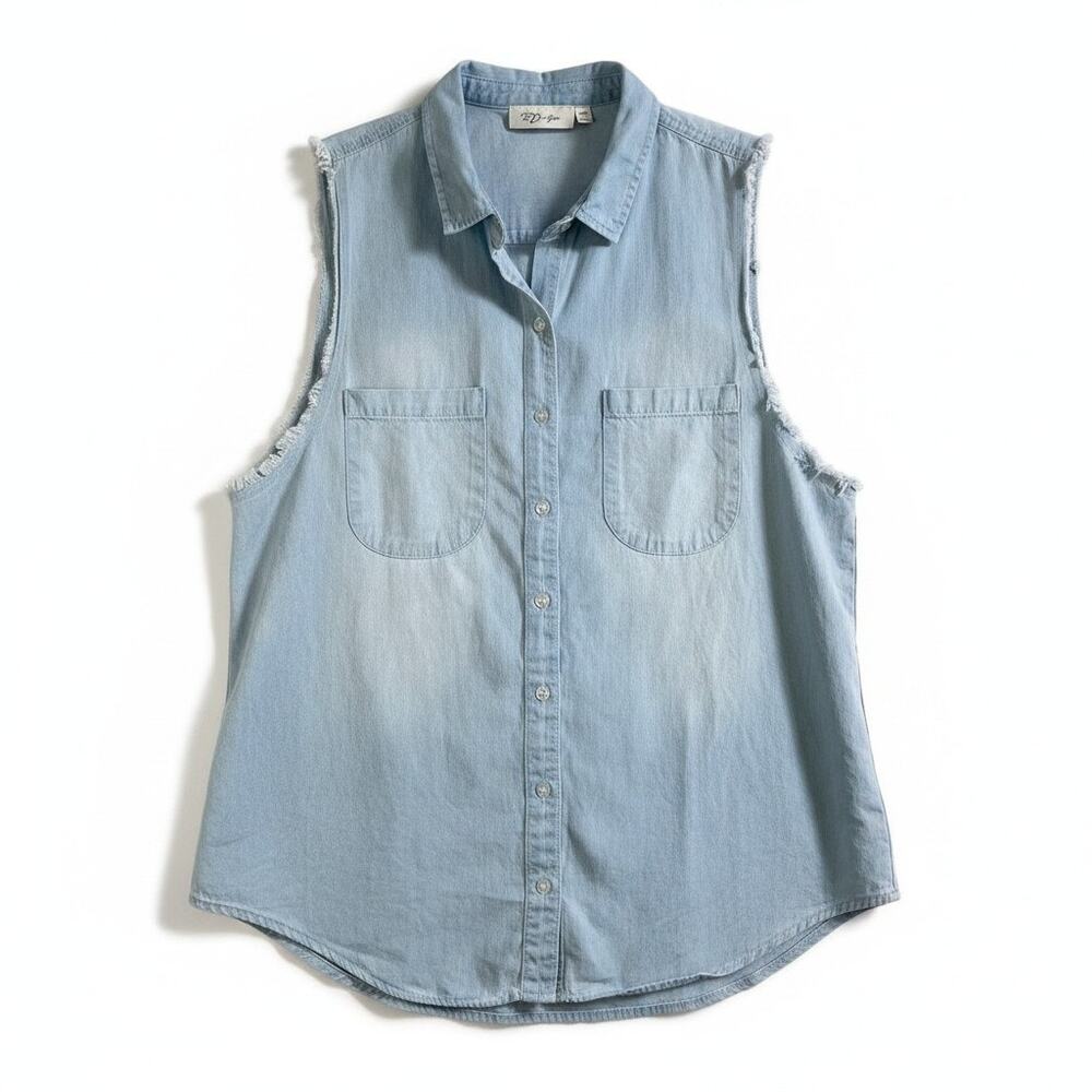 RD Style Womens Chambray Plaid Sleeveless Button Up Top Blue XS Cottage Preppy